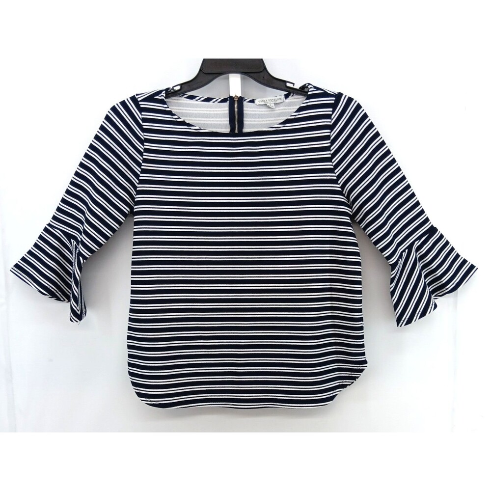 Green Envelope Blouse Women Large Dark Blue White Striped 3/4 Bell Sleeve Top